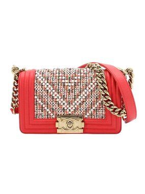 Chanel Boy Small Chain Shoulder Bag Tweed Leather Pink White